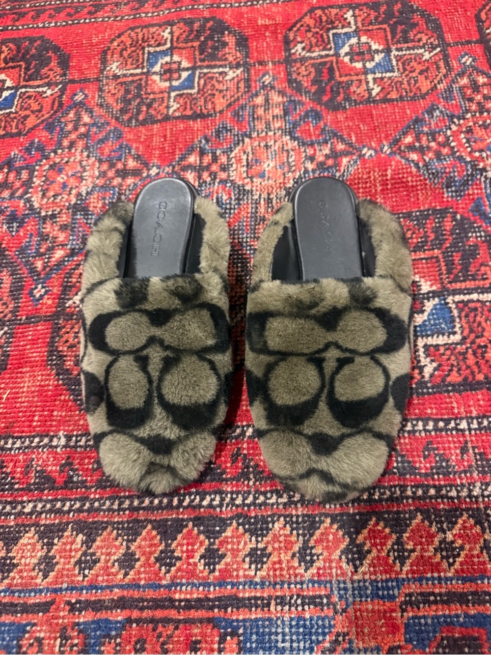Coach Olive Green & Black Faux Fur Slip-On Slides